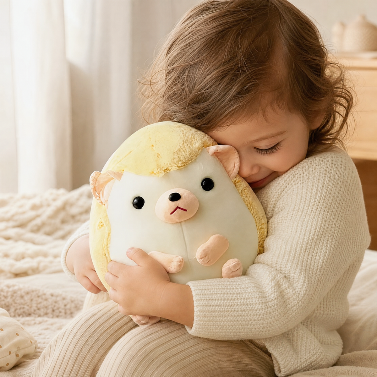 Igel Kuscheltier Kawaii, Gelb und Beige - Anwendung, gemütliches Zuhause