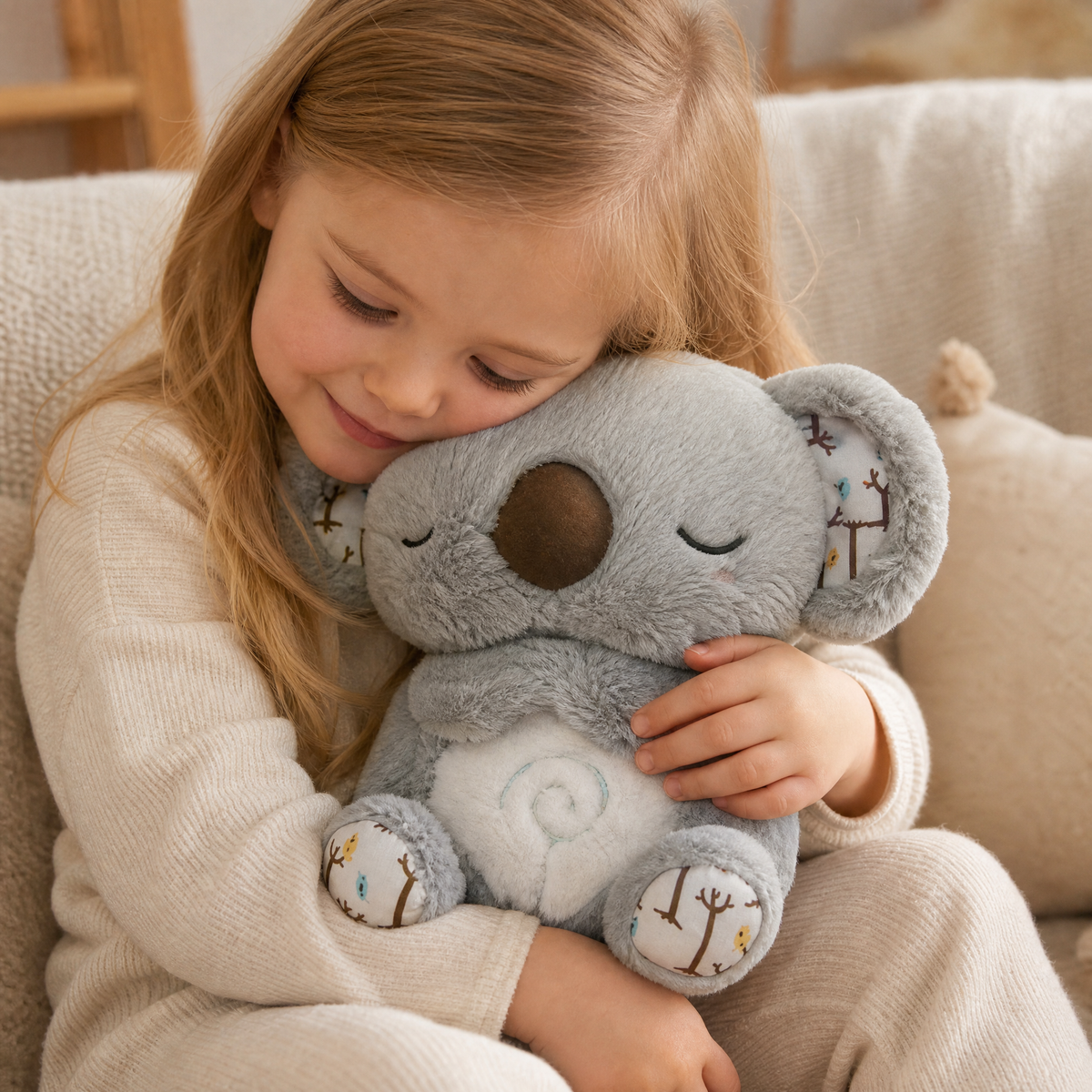 Beruhigendes Koala Kuscheltier das Atmet mit Musik - Anwendung gemütlich Innenbereich
