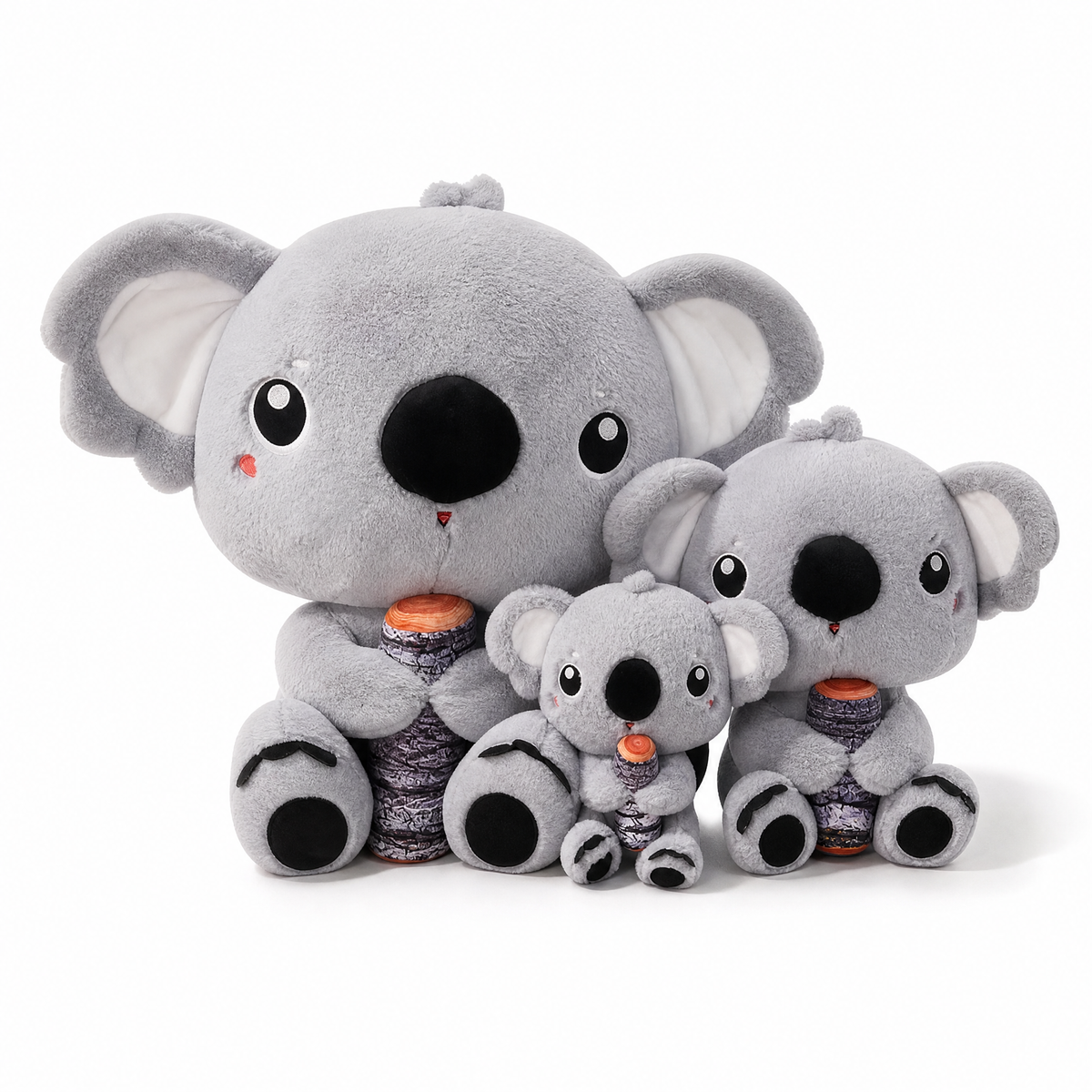 Graues Koala Kuscheltier mit Bambus - weißer Hintergrund Frontal