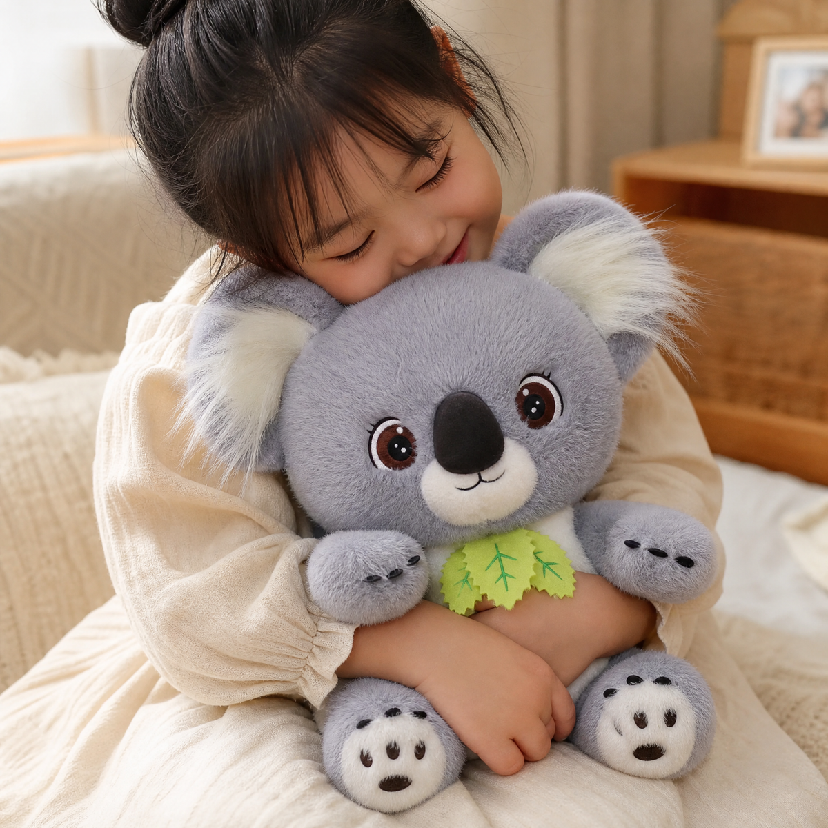 Graues Koala Kuscheltier mit Eukalyptusblatt - Anwendung gemütlich Innenbereich