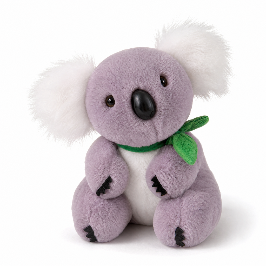 Koala Kuscheltier Grau und Weiß mit Eukalyptusblatt - weißer Hintergrund Frontal
