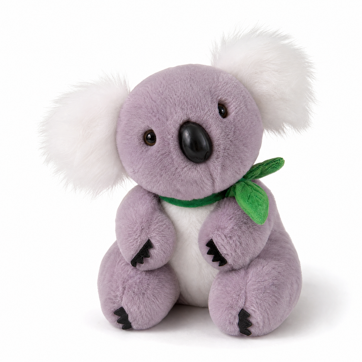 Koala Kuscheltier Grau und Weiß mit Eukalyptusblatt - weißer Hintergrund Frontal
