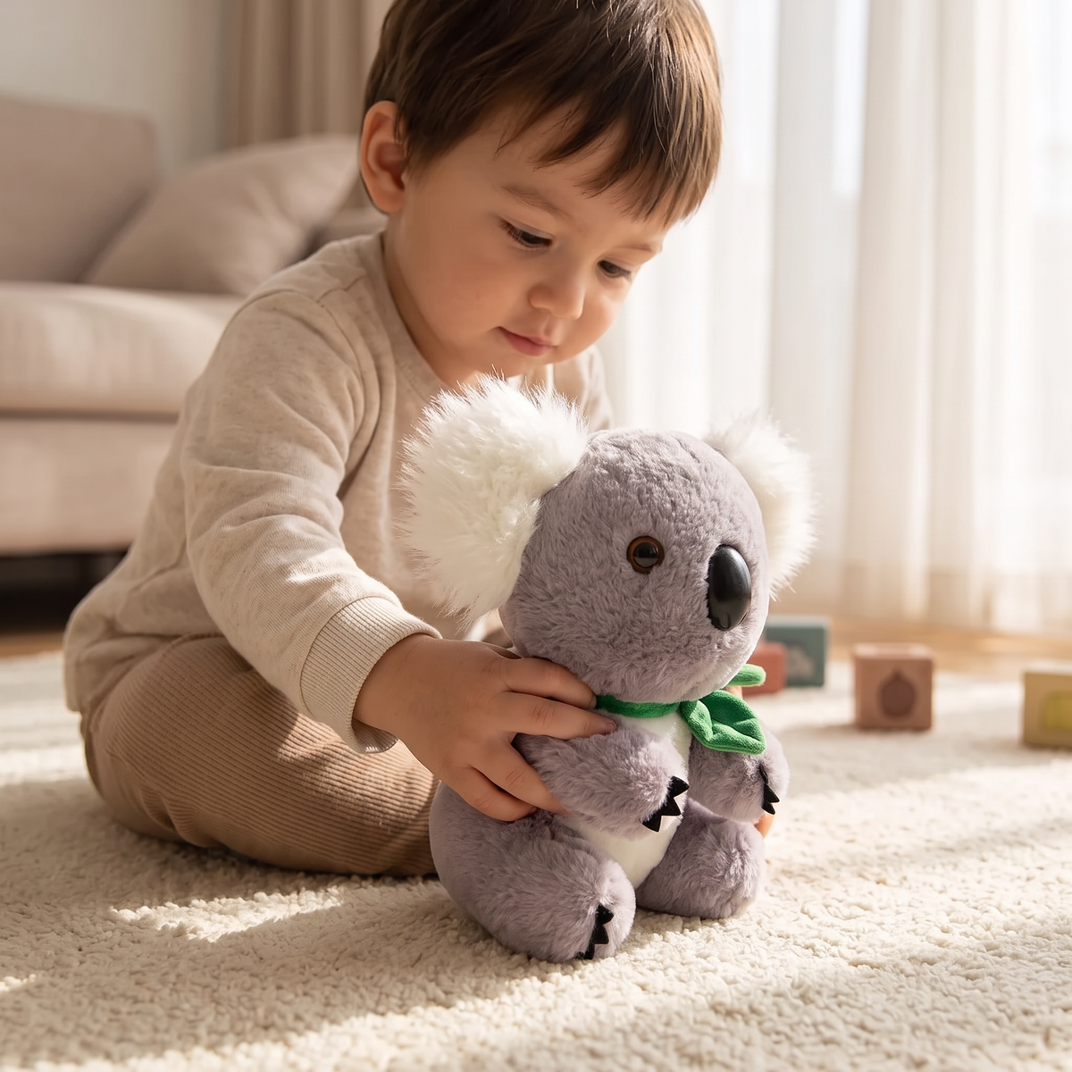 Koala Kuscheltier Grau und Weiß mit Eukalyptusblatt - Anwendung gemütlich Innenbereich