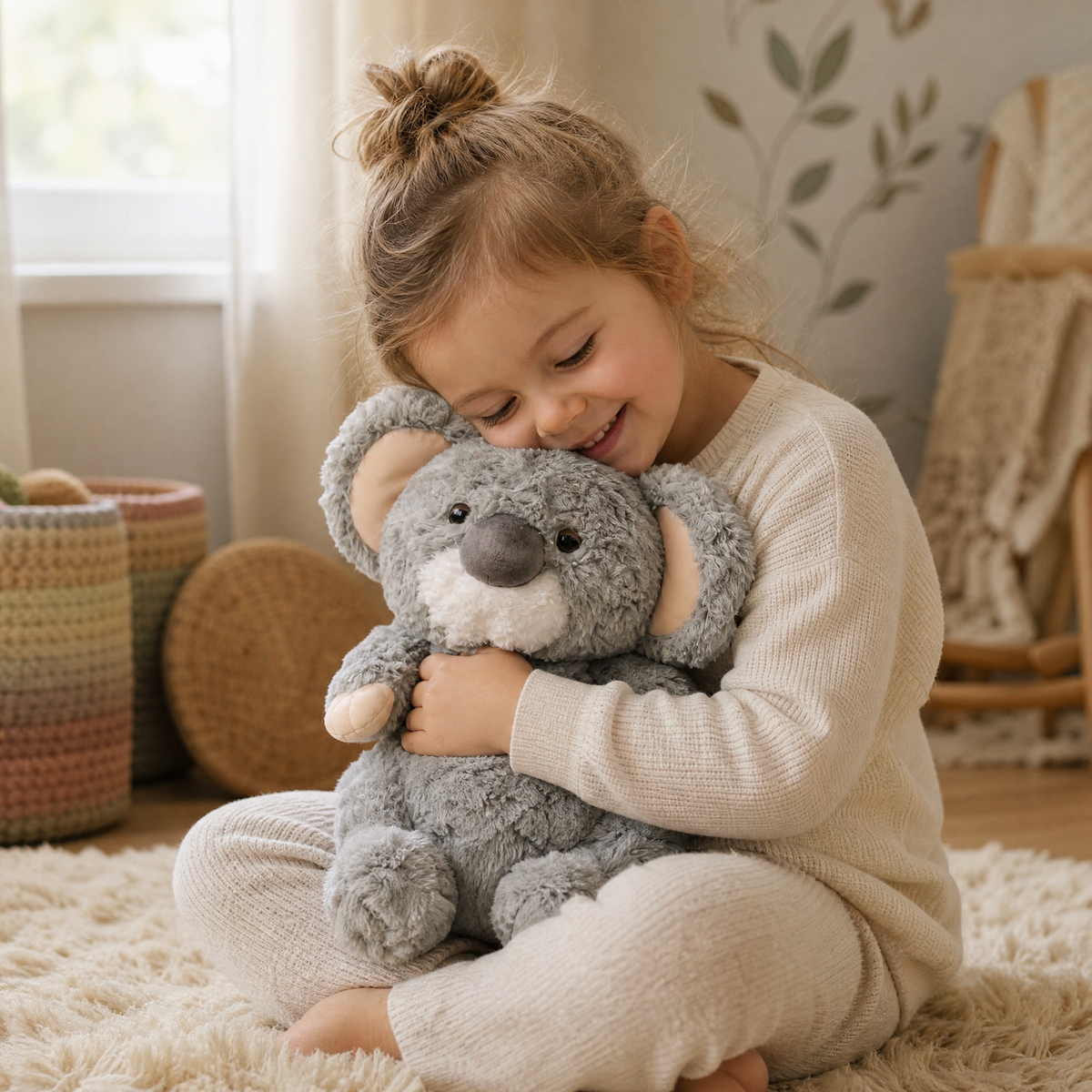 Graues Koala Kuscheltier mit Eukalyptusblatt 35 cm - Anwendung gemütlich Innenbereich