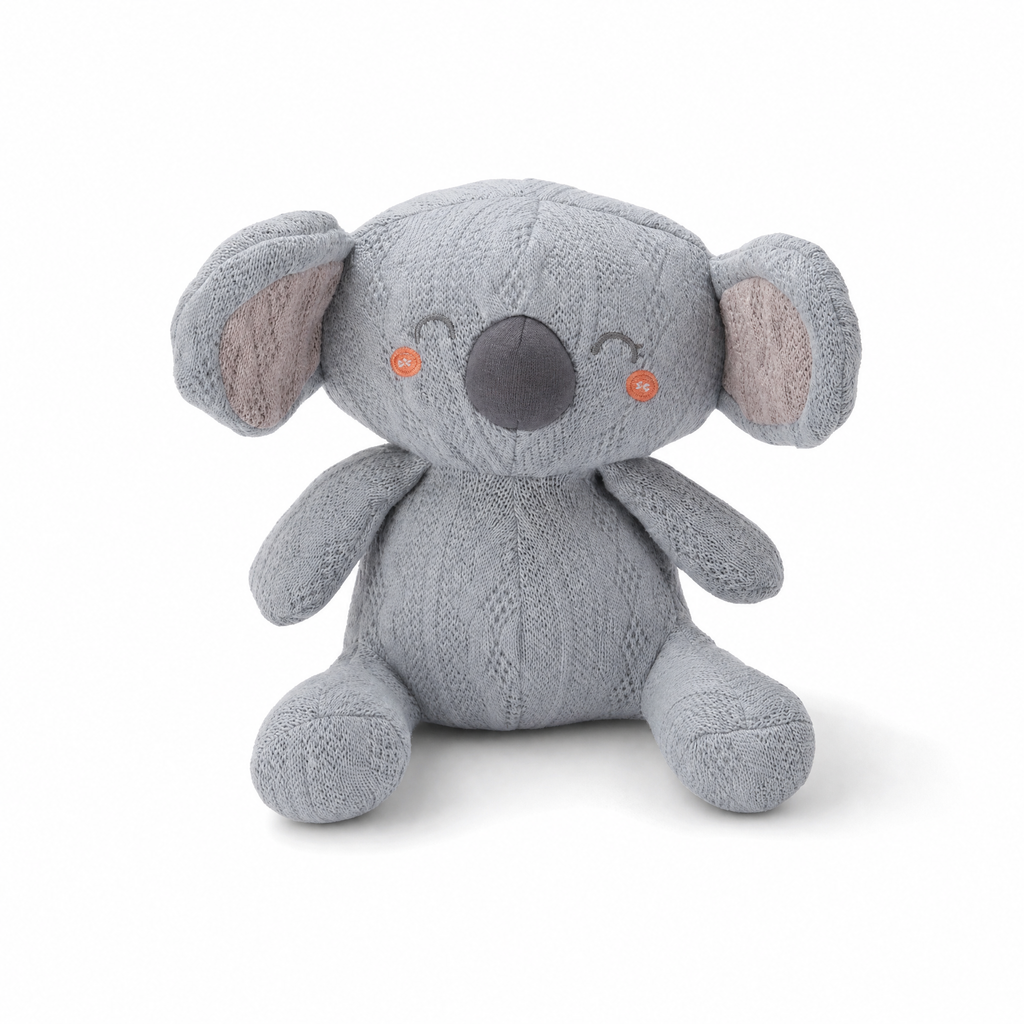 Koala Kuscheltier Strick Blau-Grau 20 cm - Frontalansicht auf weißem Hintergrund