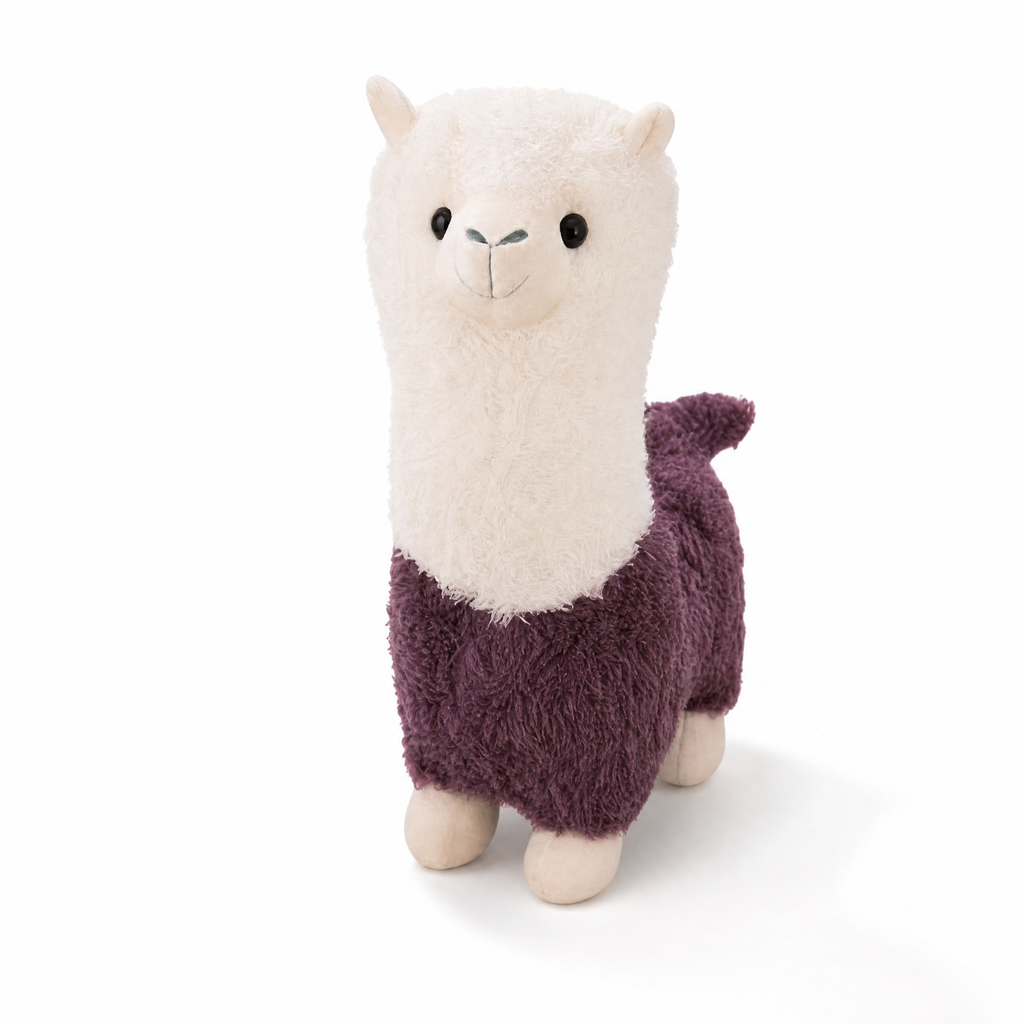 Zweifarbiges Lama Kuscheltier Violett und Creme 28cm - Weißer Hintergrund Frontalansicht