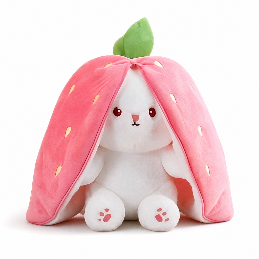 Erdbeer-Hase Kuscheltier 2-in-1 verwandelbar - Frontalansicht auf weißem Hintergrund