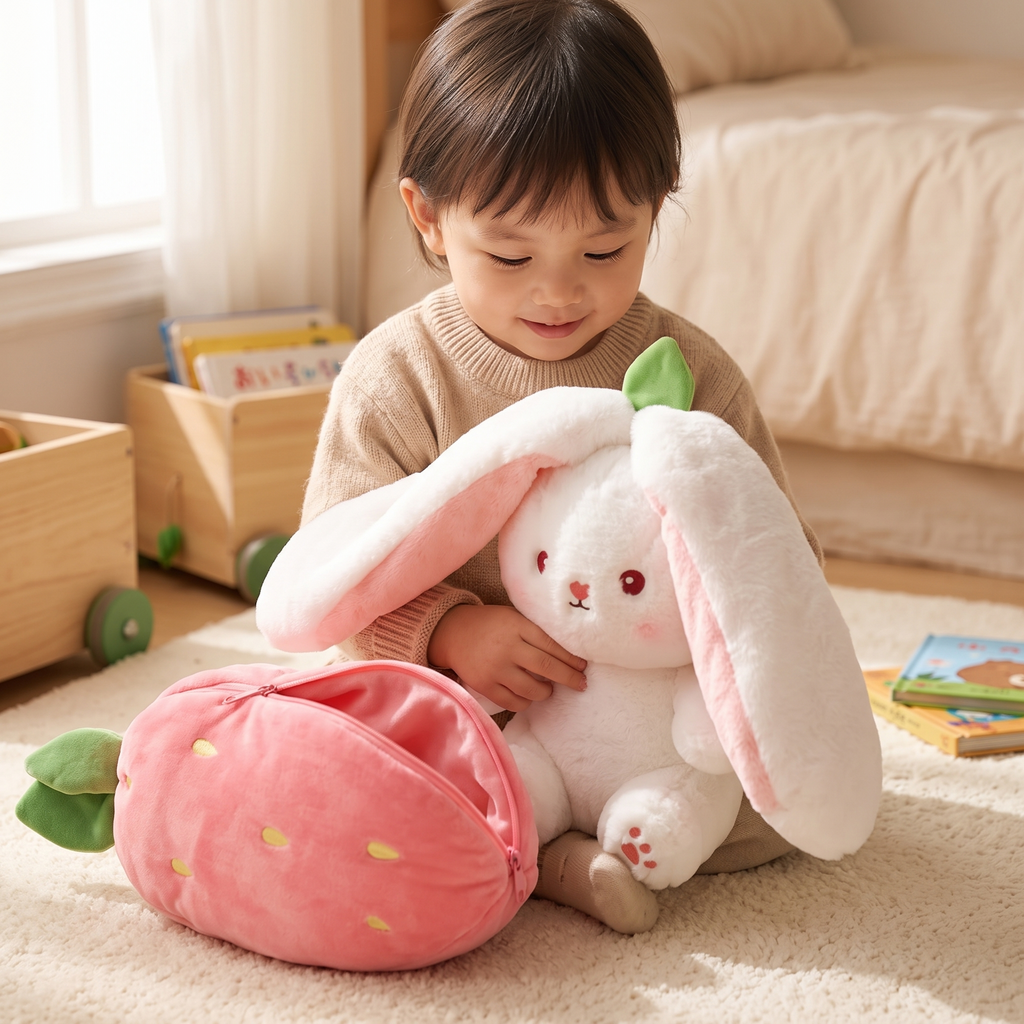 Erdbeer-Hase Kuscheltier 2-in-1 verwandelbar - Verwendung gemütlich zu Hause
