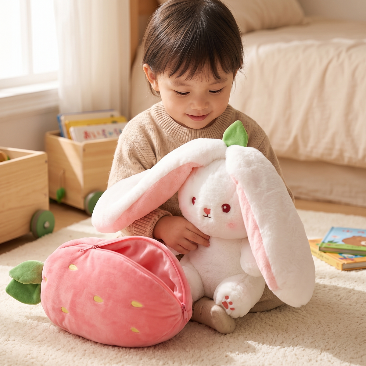 Erdbeer-Hase Kuscheltier 2-in-1 verwandelbar - Verwendung gemütlich zu Hause