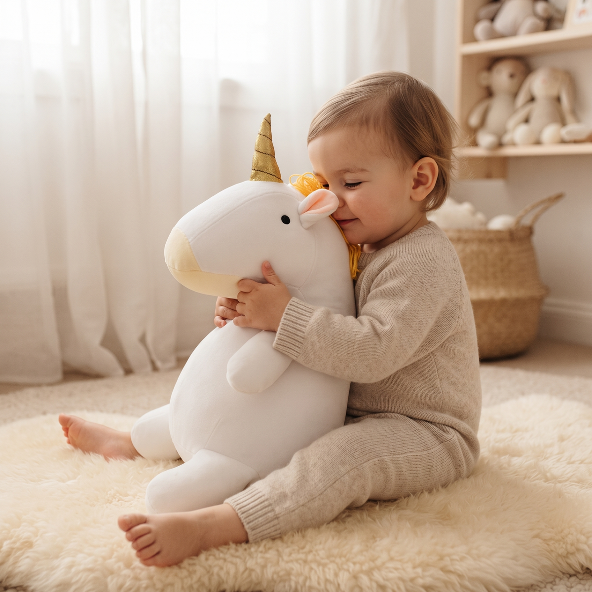 Weißes Gewichtetes Einhorn Kuscheltier - Anwendung gemütlich Innenbereich