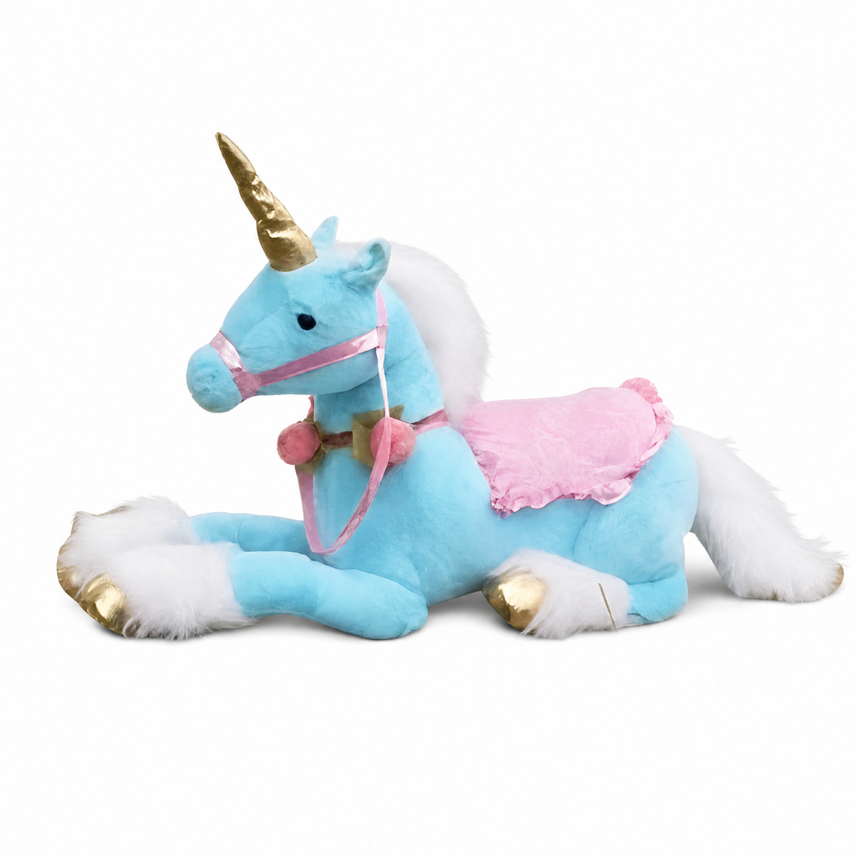 Blaues Einhorn XXL Kuscheltier 100 cm - Frontalansicht auf weißem Hintergrund