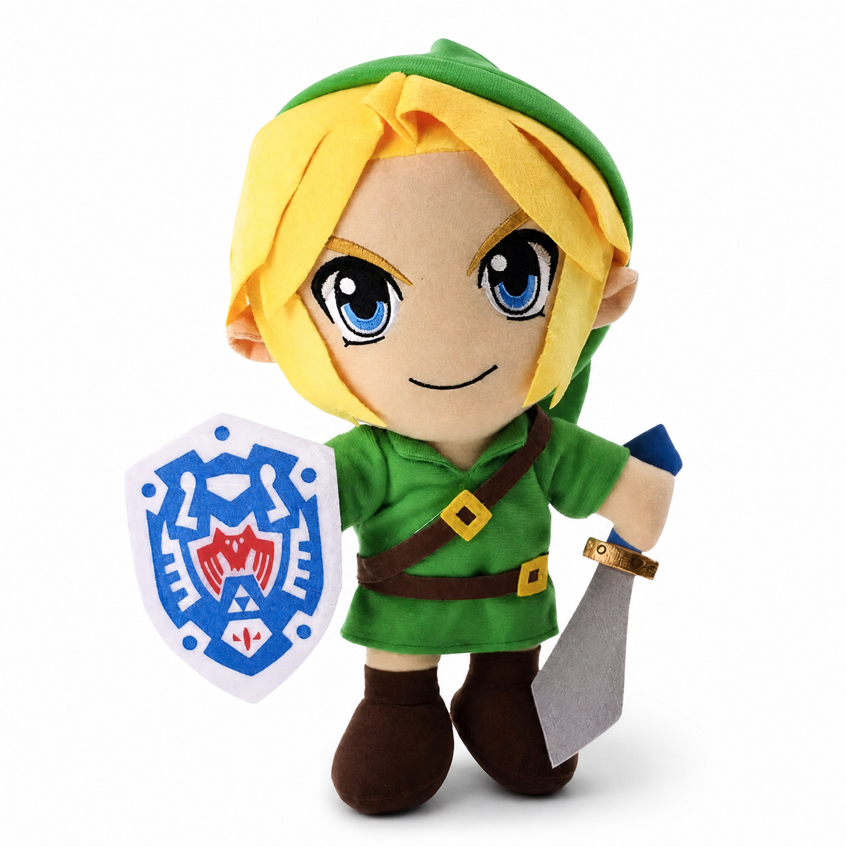 Link Zelda Kuscheltier mit Schwert und Schild - Weißer Hintergrund frontal