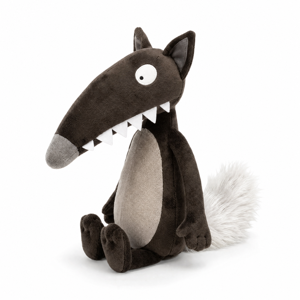 Cartoon Wolf Kuscheltier mit großen Zähnen - Weißer Hintergrund frontal