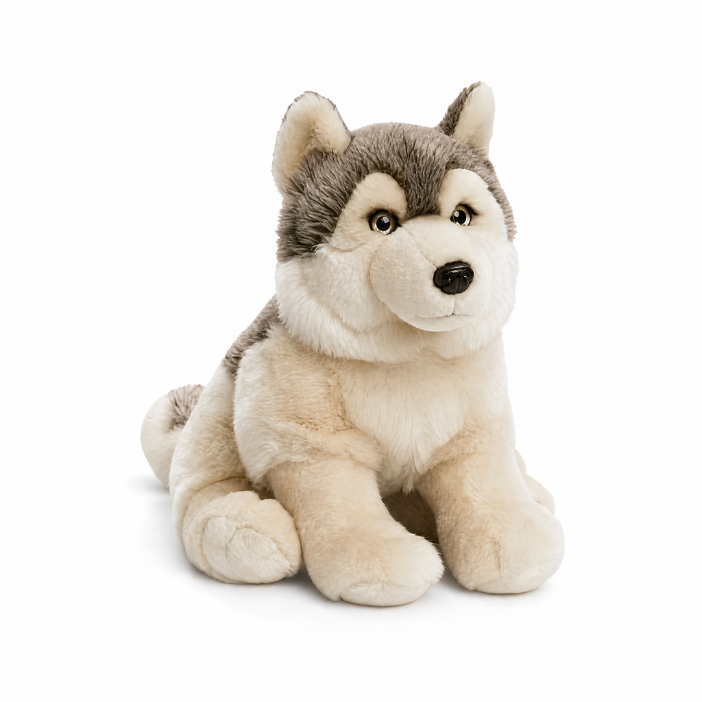 Grauer Wolf Kuscheltier realistisch 30cm - Weißer Hintergrund frontal
