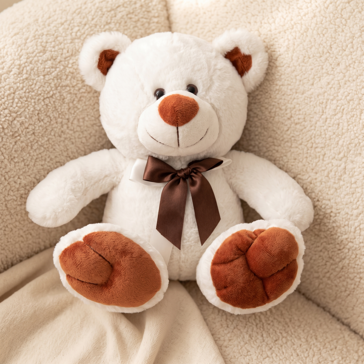 Weißer Teddybär Kuscheltier mit brauner Schleife - Material-Detail