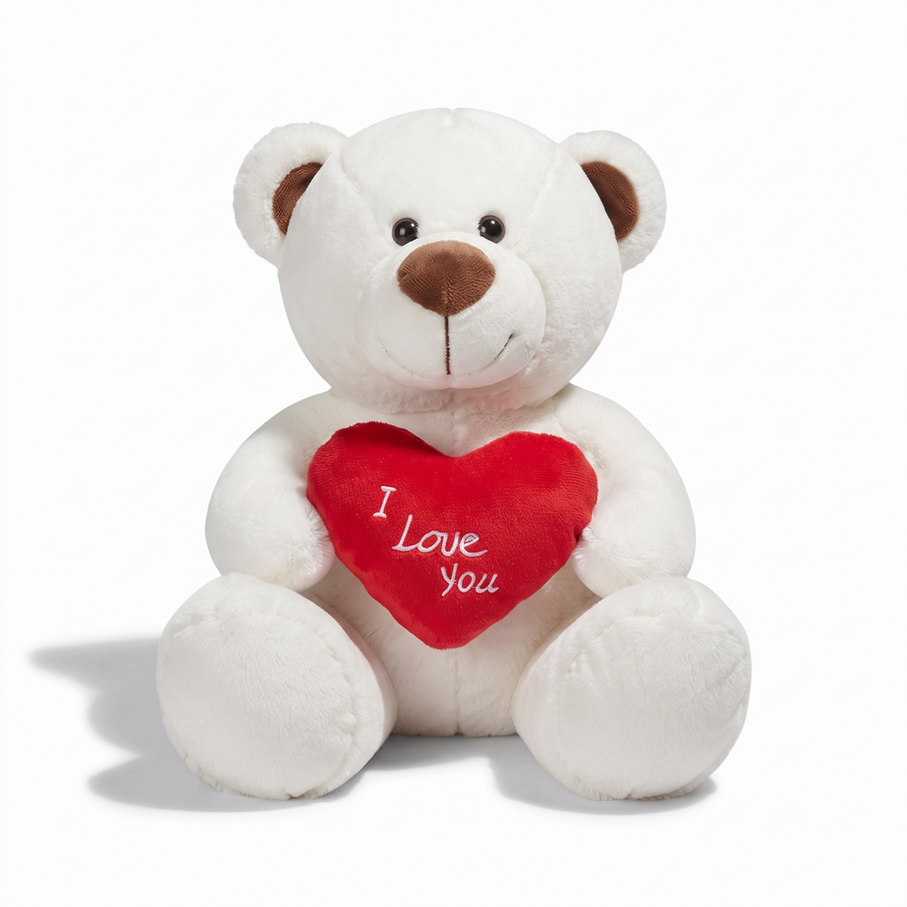 Weißer Bär Kuscheltier Herz I Love You 33cm - Frontalansicht auf weißem Hintergrund
