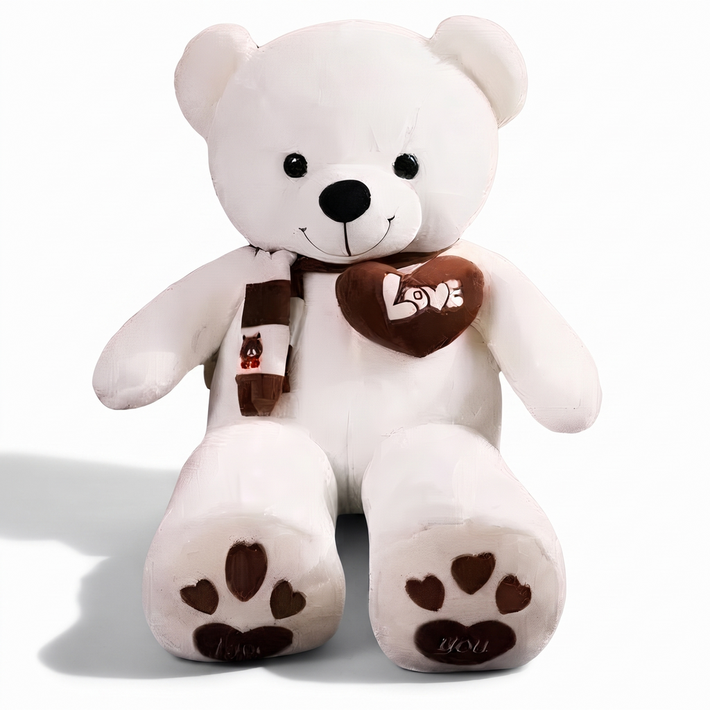 Weißer XXL Teddybär Herz Love - Frontalansicht auf weißem Hintergrund