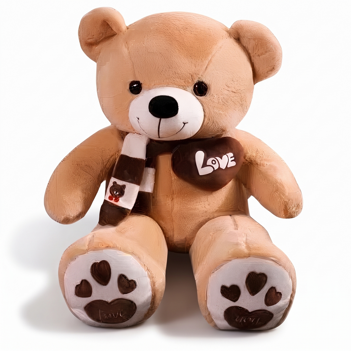 Beige XXL Teddybär Herz Love - Frontalansicht auf weißem Hintergrund
