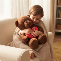 Bärchen Kuscheltier mit Love-Herz zum Valentinstag - Verwendung in gemütlichem Interieur