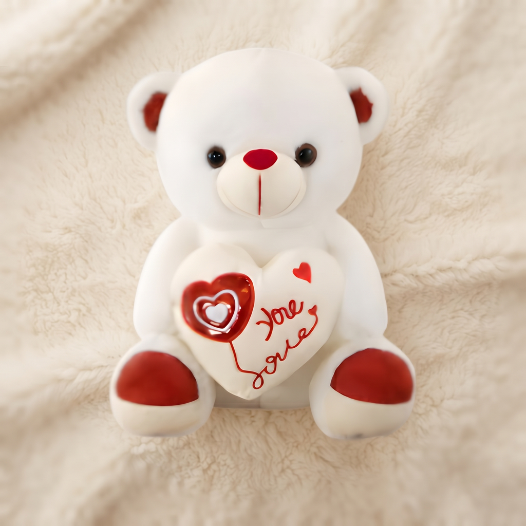 Weißes Bärchen Kuscheltier mit Love-Herz zum Valentinstag - Detailaufnahme Material