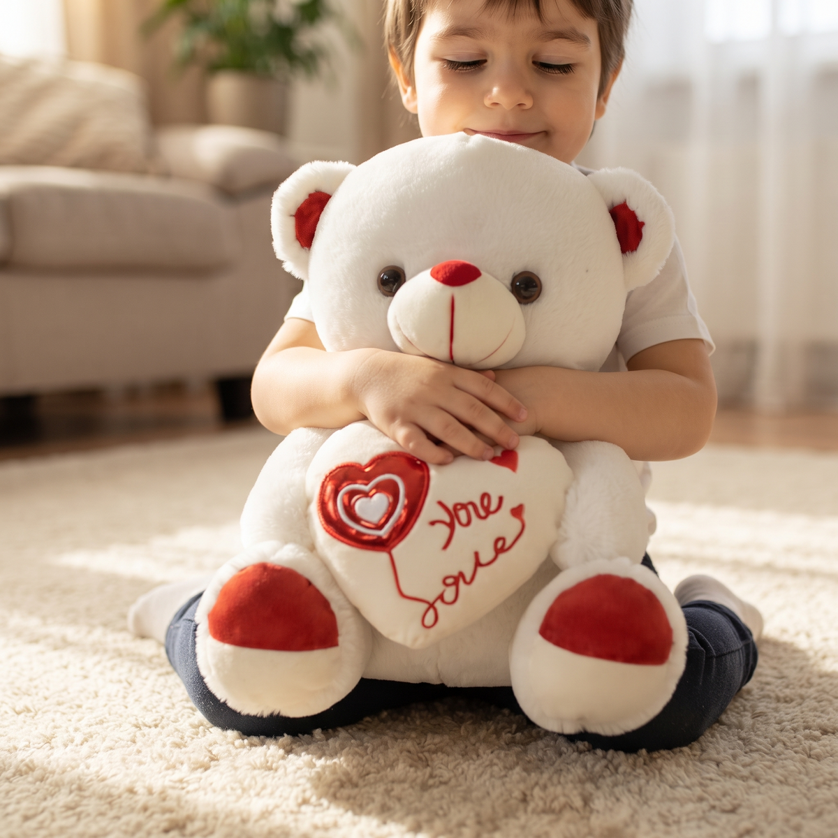 Weißes Bärchen Kuscheltier mit Love-Herz zum Valentinstag - Verwendung in gemütlichem Interieur