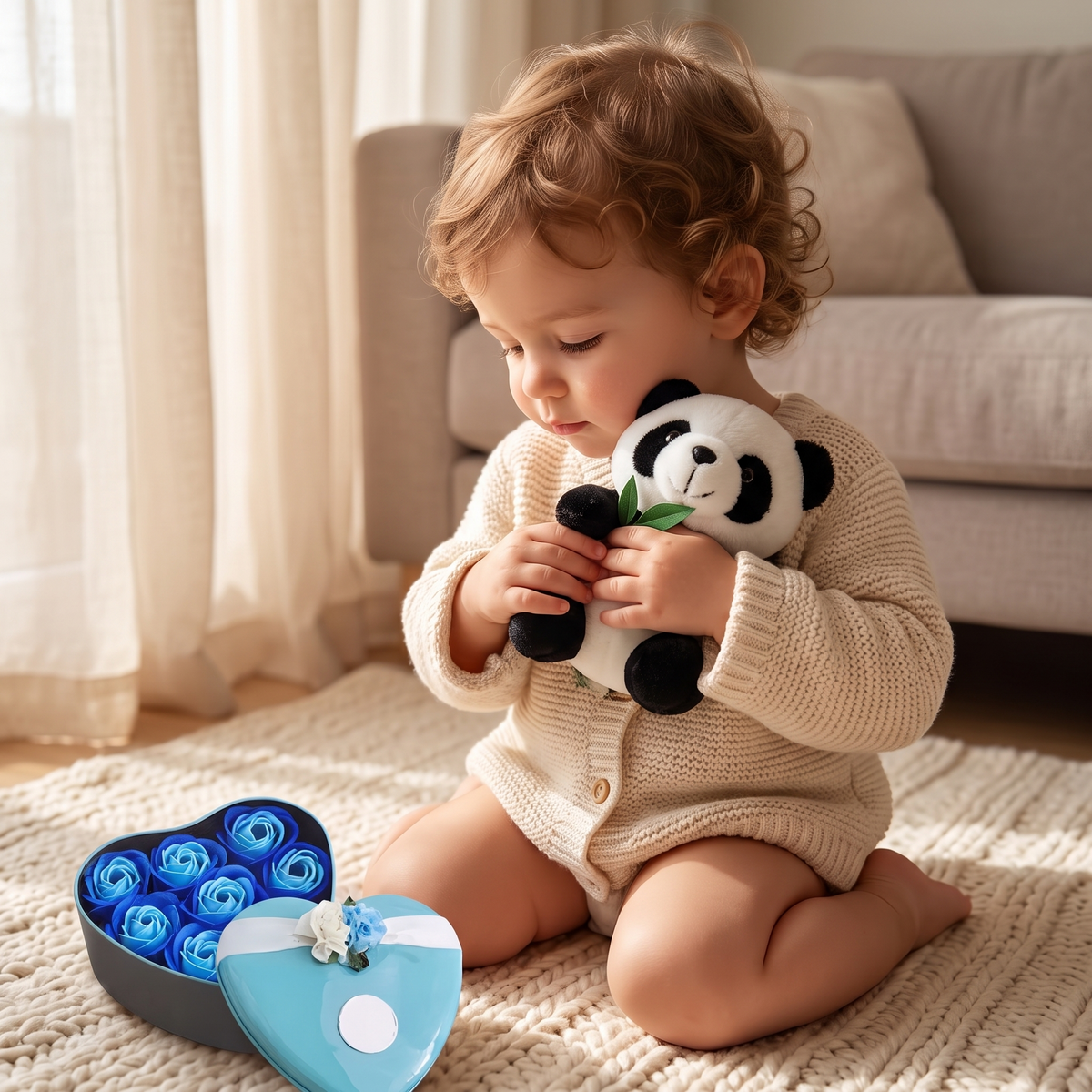 Panda Kuscheltier in blauer Herzbox zum Valentinstag - Verwendung in gemütlichem Interieur