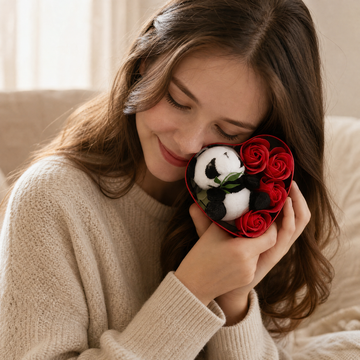 Panda Kuscheltier Valentinstag Geschenkbox Herz & Rosen - Verwendung gemütlich zu Hause