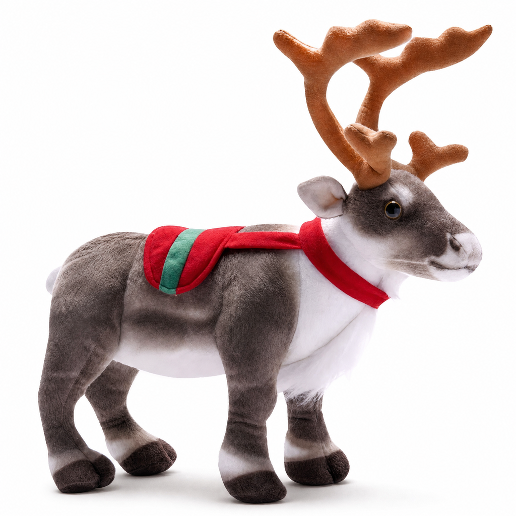Weihnachts-Rentier Kuscheltier mit festlichem Schal - Weißer Hintergrund frontal