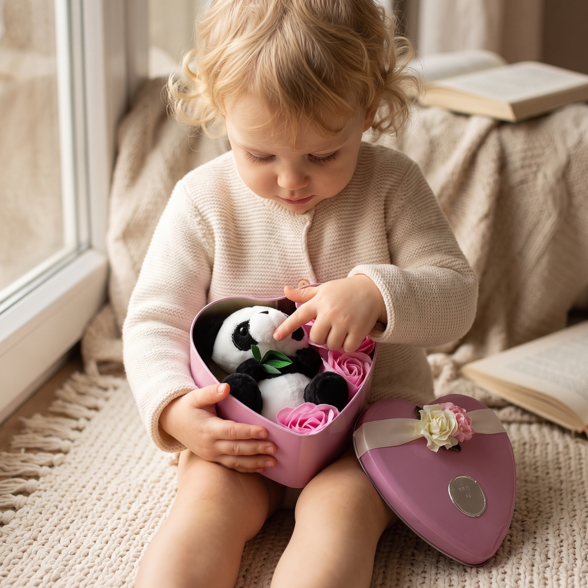 Panda Kuscheltier in rosa Herzbox zum Valentinstag - Verwendung in gemütlichem Interieur