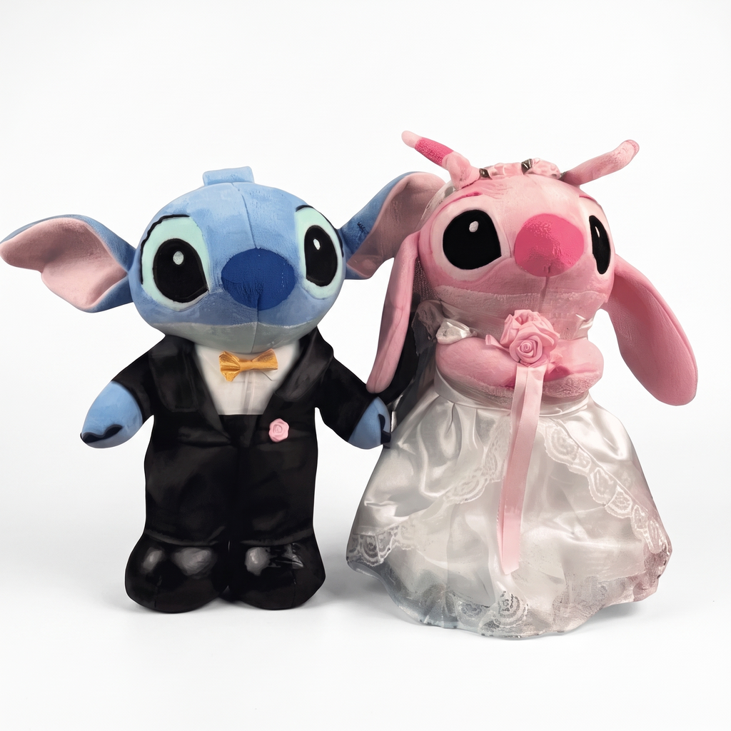 Stitch und Angel Kuscheltier-Duo Hochzeit Disney - weißer Hintergrund Frontalansicht