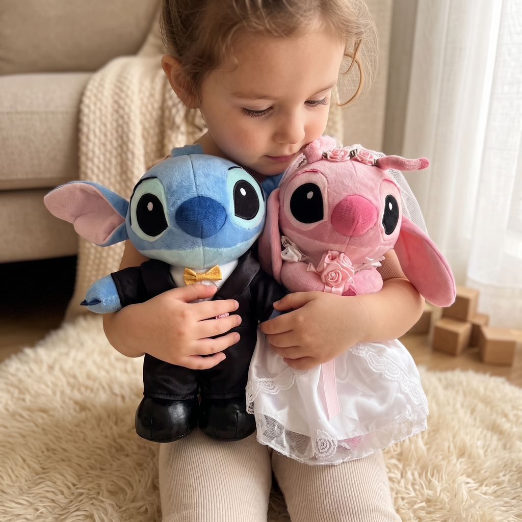 Stitch und Angel Kuscheltier-Duo Hochzeit Disney - Verwendung in gemütlichem Interieur