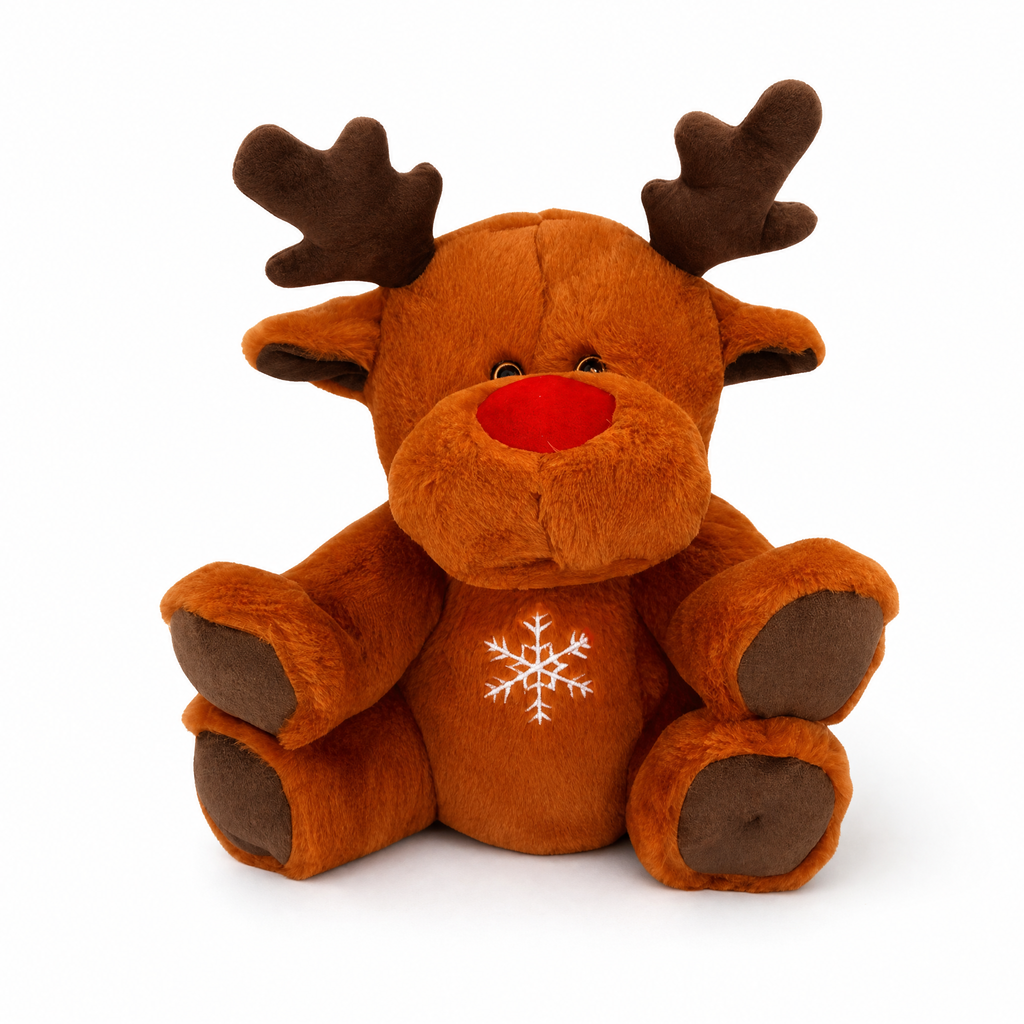 Weihnachtsrentier Nachtlicht Kuscheltier mit Atembewegung - Frontalansicht auf weißem Hintergrund