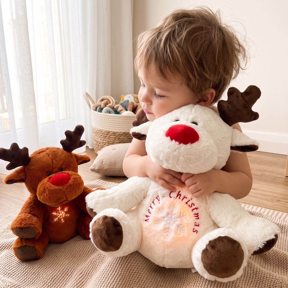 Weihnachtsrentier Nachtlicht Kuscheltier mit Atembewegung - Anwendung, gemütliches Zuhause