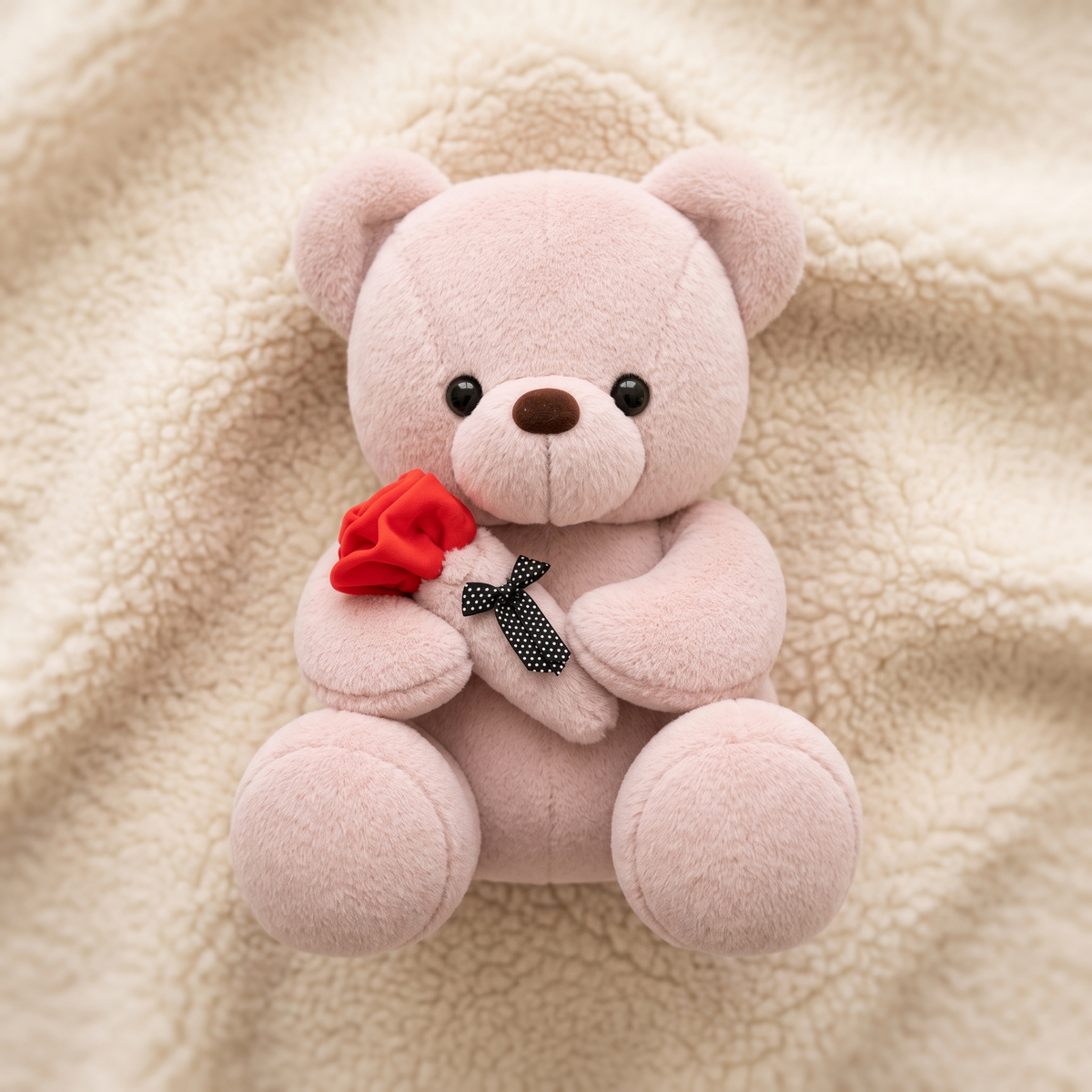 Rosa Teddybär Plüschtier mit Rose - Detailansicht Material