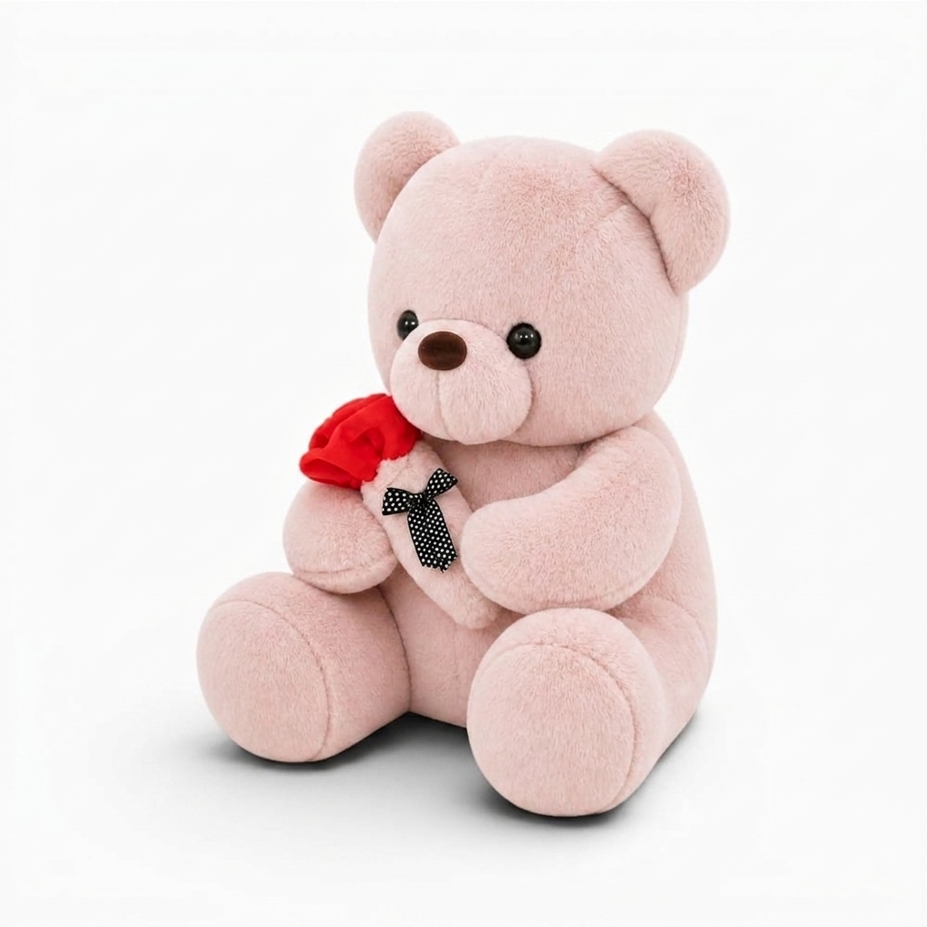 Rosa Teddybär Plüschtier mit Rose - Weißer Hintergrund seitlich
