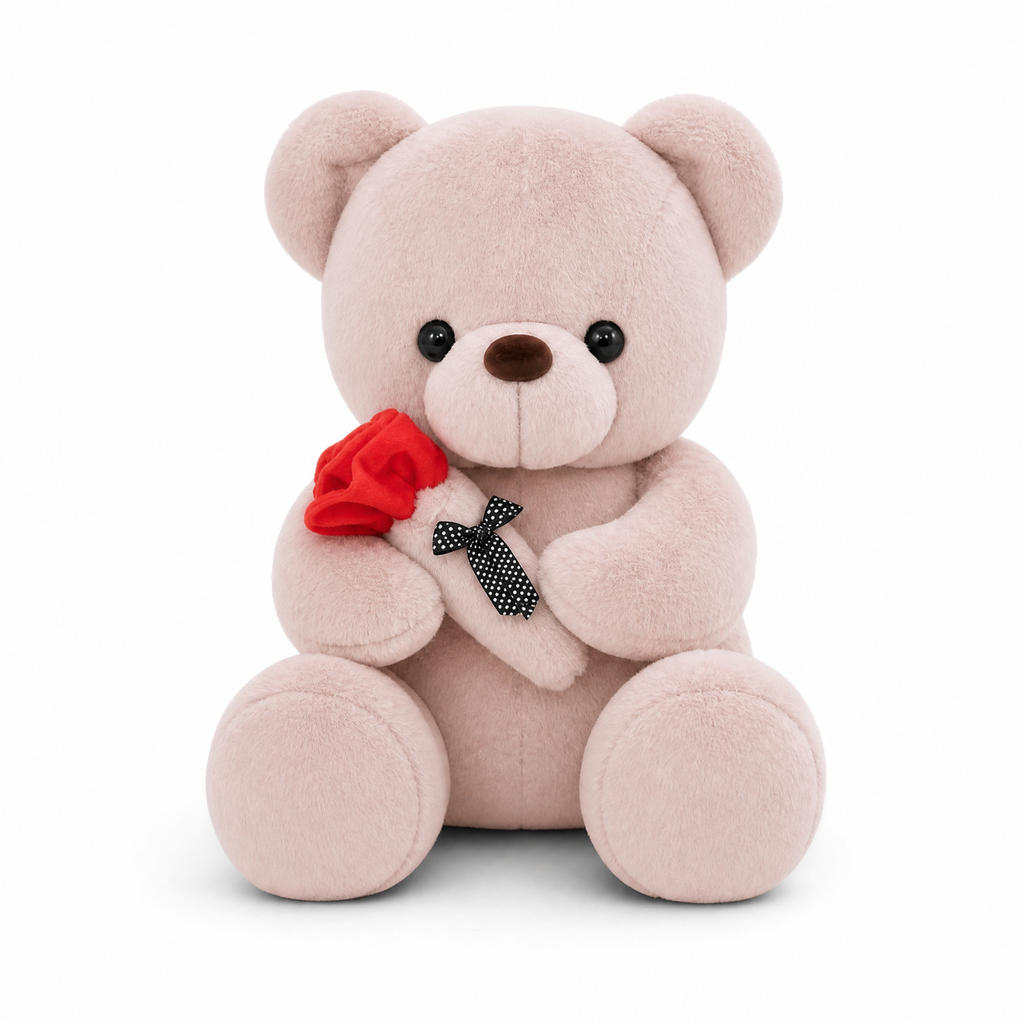 Rosa Teddybär Plüschtier mit Rose - Weißer Hintergrund frontal