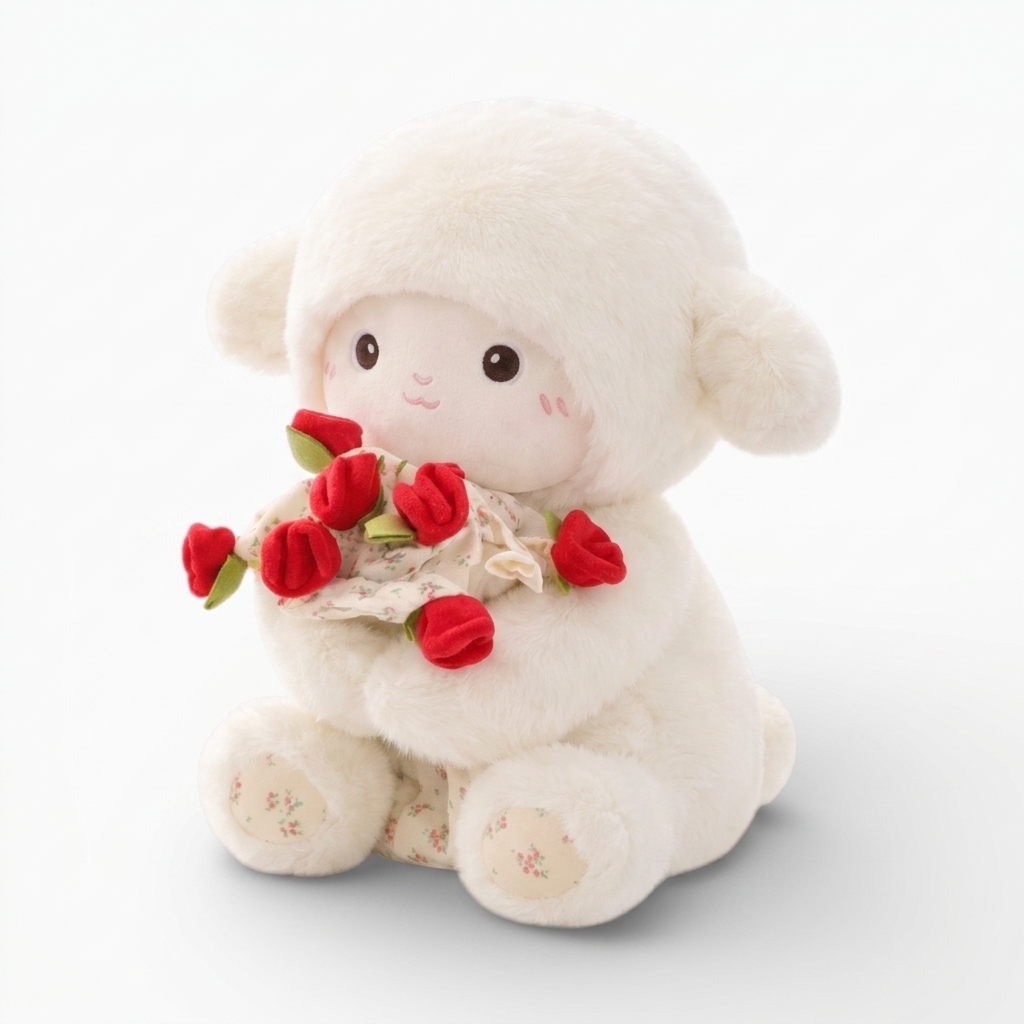 Schaf Kuscheltier mit Rose niedliches Lamm Stofftier Valentinstagsgeschenk - Weißer Hintergrund seitlich