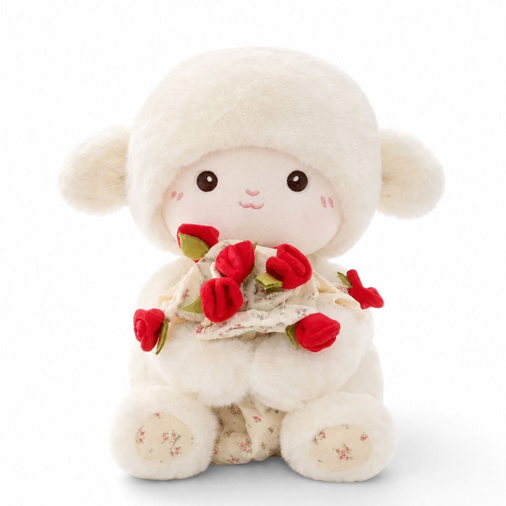 Schaf Kuscheltier mit Rose niedliches Lamm Stofftier Valentinstagsgeschenk - Weißer Hintergrund frontal