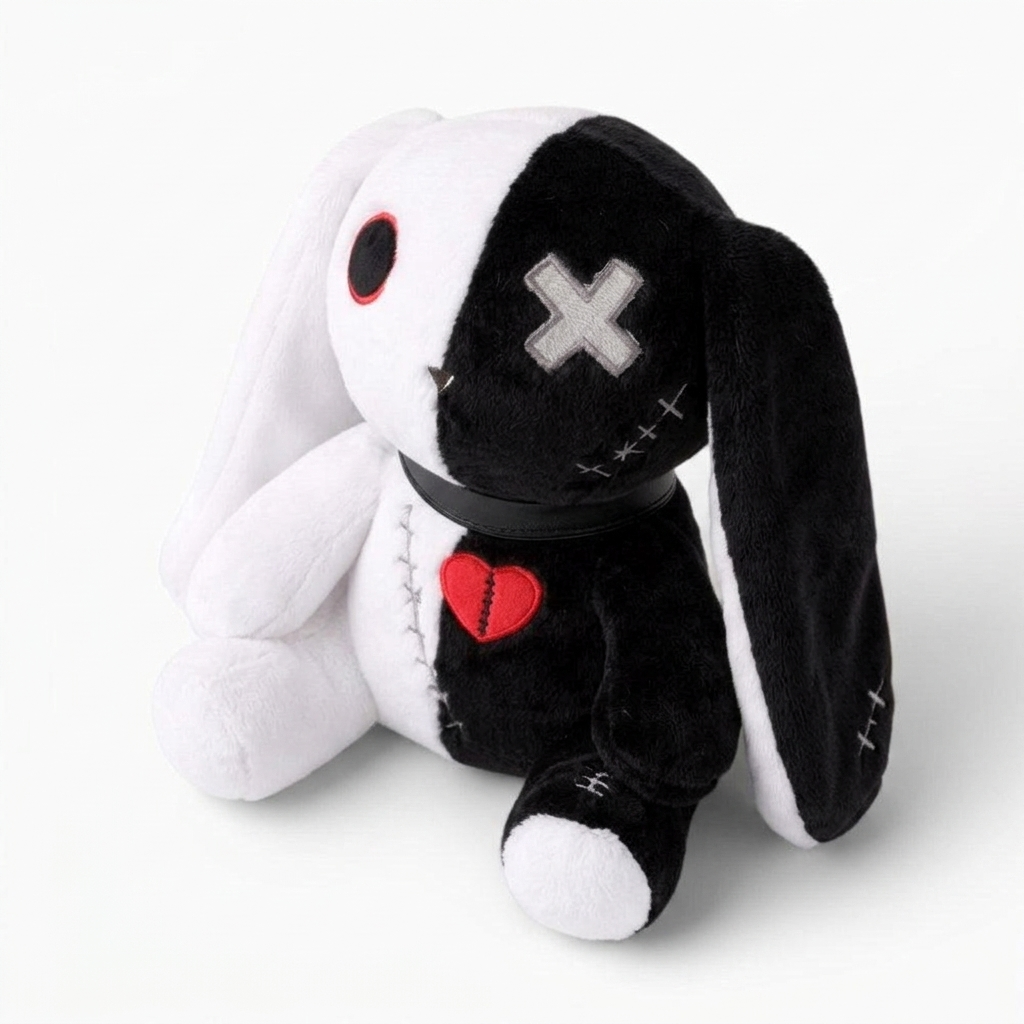 Schwarz-weißes Gothic-Hasen-Kuscheltier mit Herz - Weißer Hintergrund seitlich