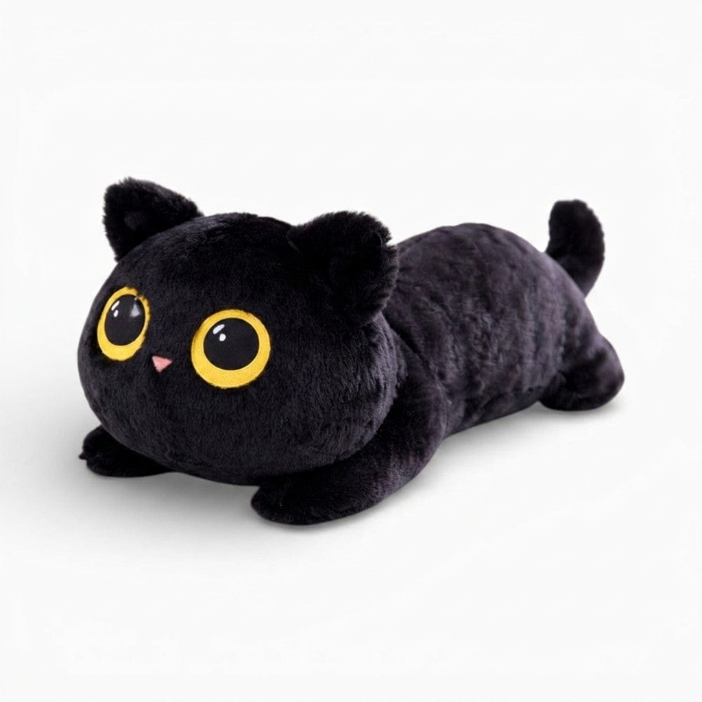 Schwarze Katze Kuscheltier Kawaii - Weißer Hintergrund seitlich
