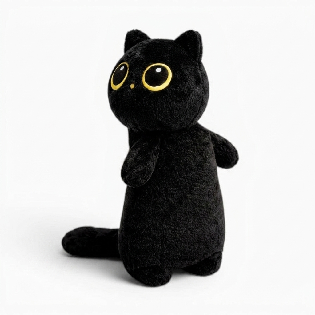 Schwarze Katze Plüschkissen Kawaii Kuscheltier - Weißer Hintergrund Seitenansicht