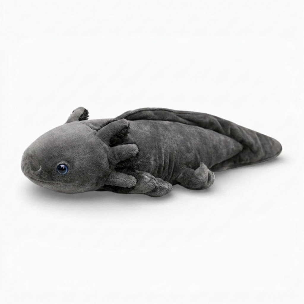 Schwarzes Axolotl Plüschtier realistisch - Weißer Hintergrund seitlich