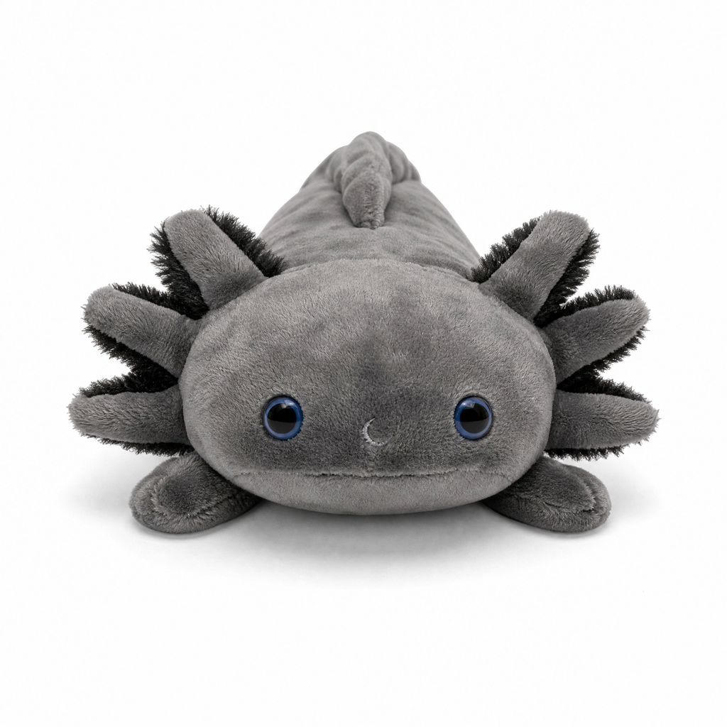 Schwarzes Axolotl Plüschtier realistisch - Weißer Hintergrund frontal