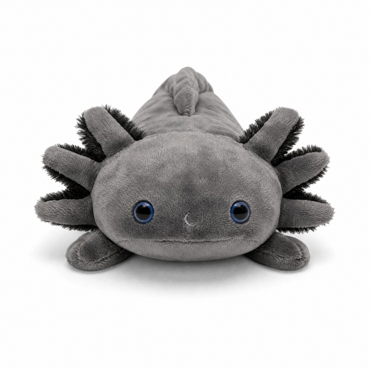 Schwarzes Axolotl Plüschtier realistisch - Weißer Hintergrund frontal