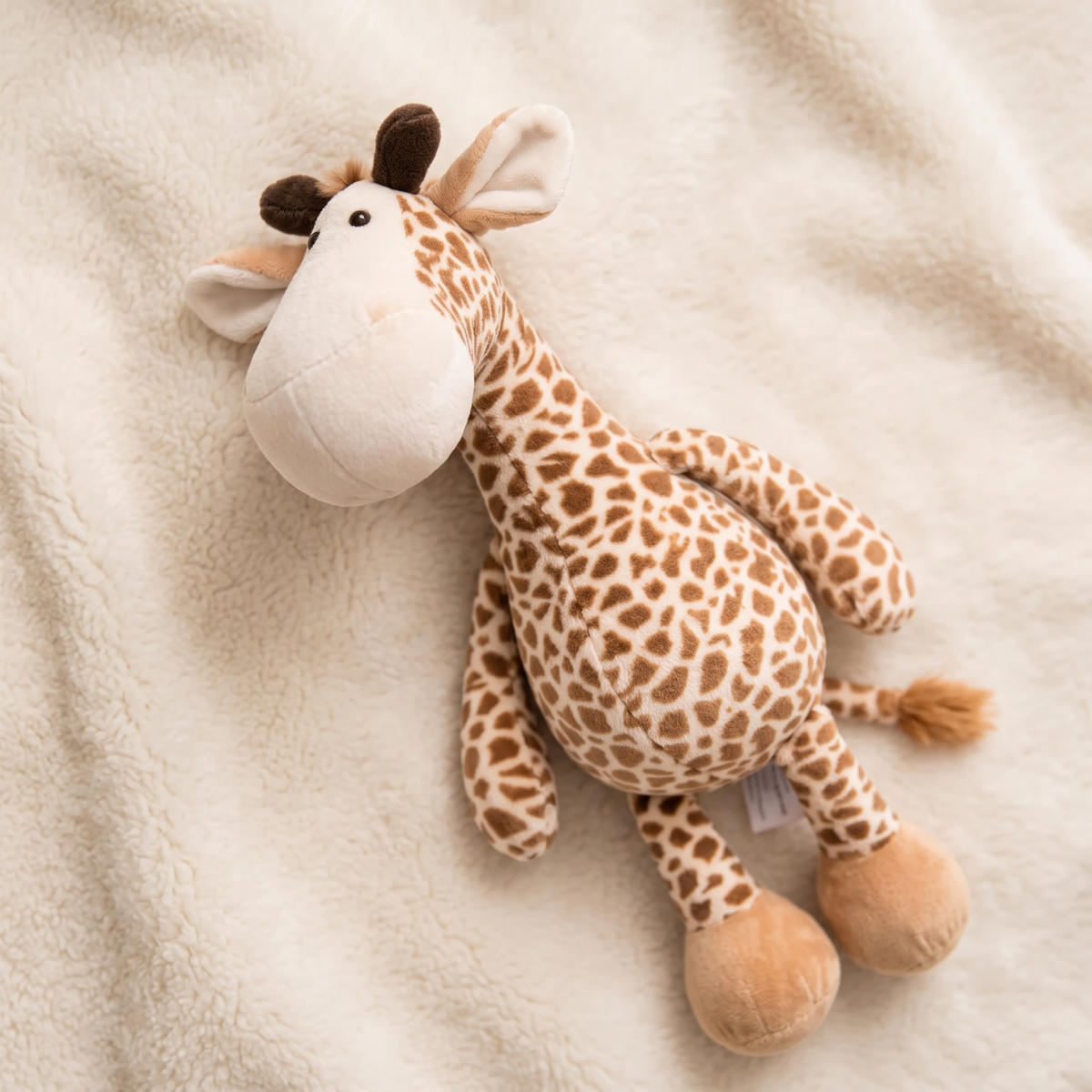 Sitzendes Giraffen Kuscheltier mit großen Hufen - Detailansicht Material