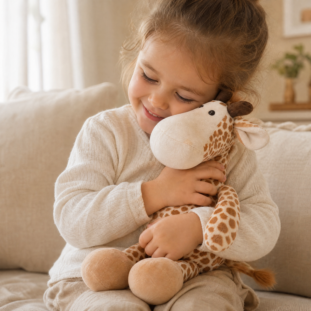 Sitzendes Giraffen Kuscheltier mit großen Hufen - Verwendung gemütliches Interieur