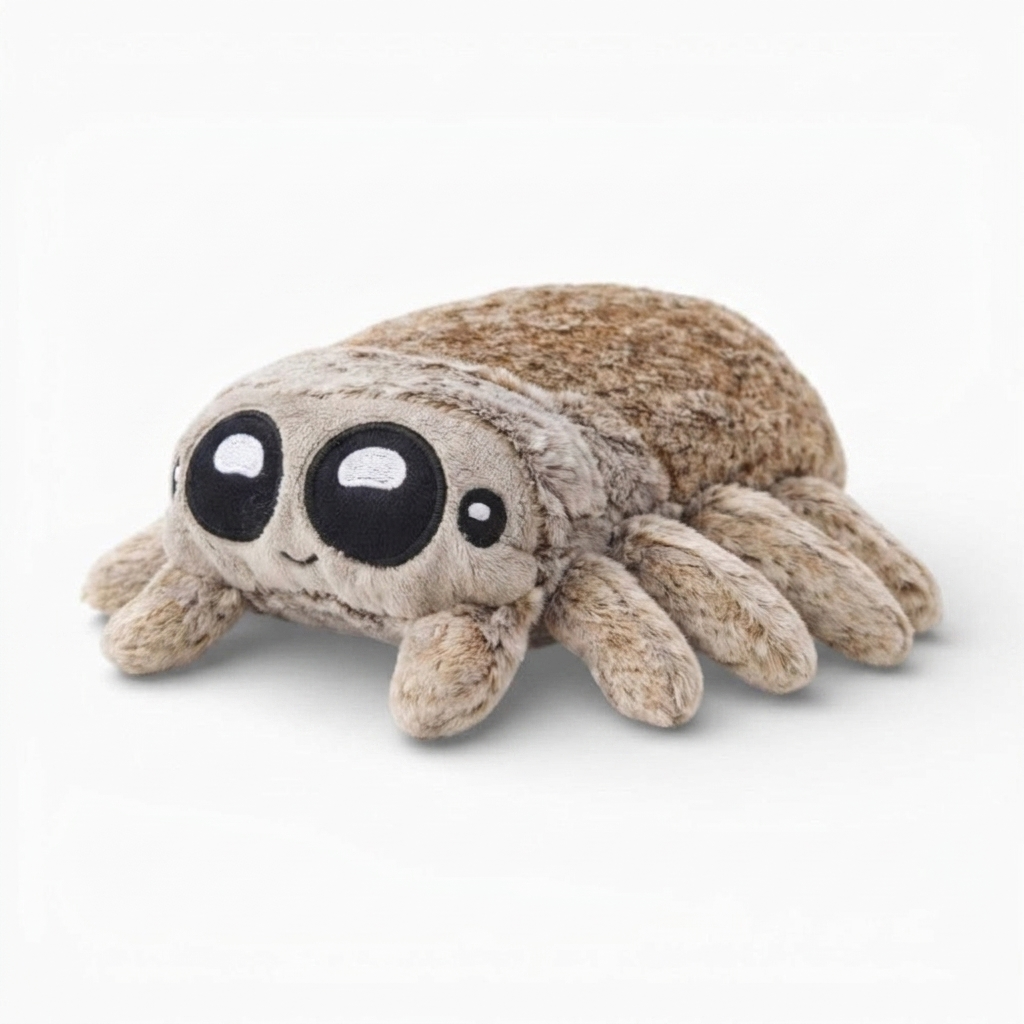 Spinne Kuscheltier niedliches Stofftier mit Kulleraugen - Weißer Hintergrund, Seitenansicht